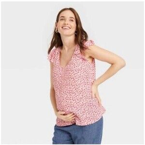 The Nines by HATCH Flutter Short Sleeve Maternity Blouse Pink Floral Sz Xs